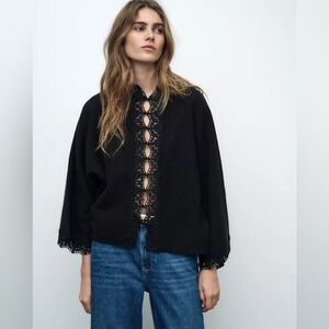 NWT Zara Woman WIDE SLEEVE KNIT JACKET Embroidery Black Size S - M